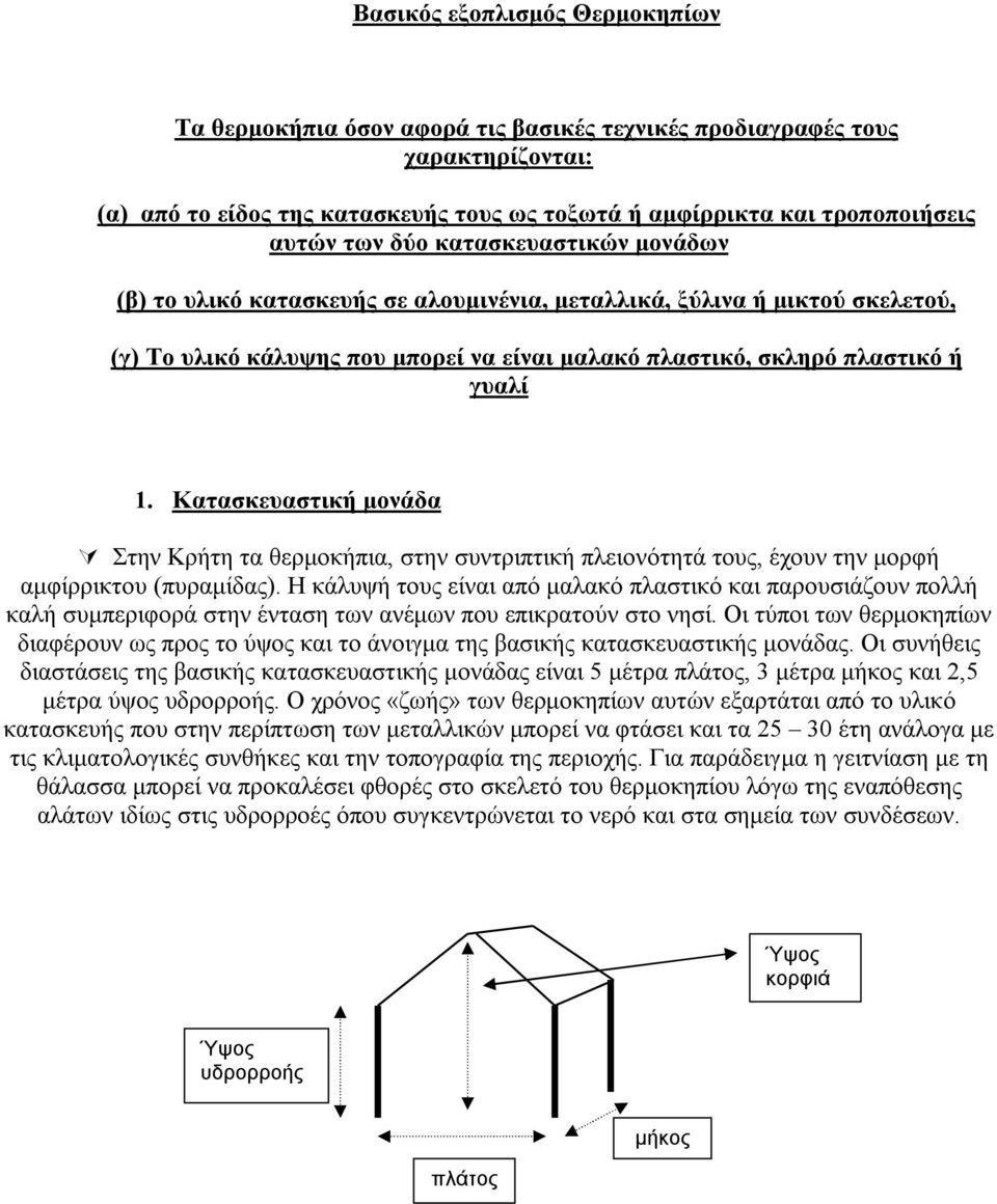 Κατασκευαστική μονάδα Στην Κρήτη τα θερμοκήπια, στην συντριπτική πλειονότητά τους, έχουν την μορφή αμφίρρικτου (πυραμίδας).