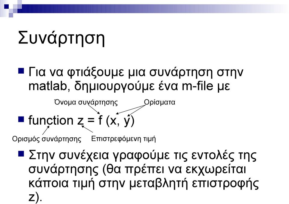 συνάρτησης Επιστρεφόμενη τιμή Στην συνέχεια γραφούμε τις εντολές της