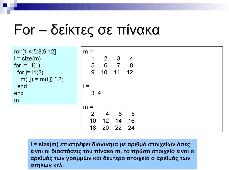 επιστρέφει διάνυσμα με αριθμό στοιχείων όσες είναι οι διαστάσεις του πίνακα m, το