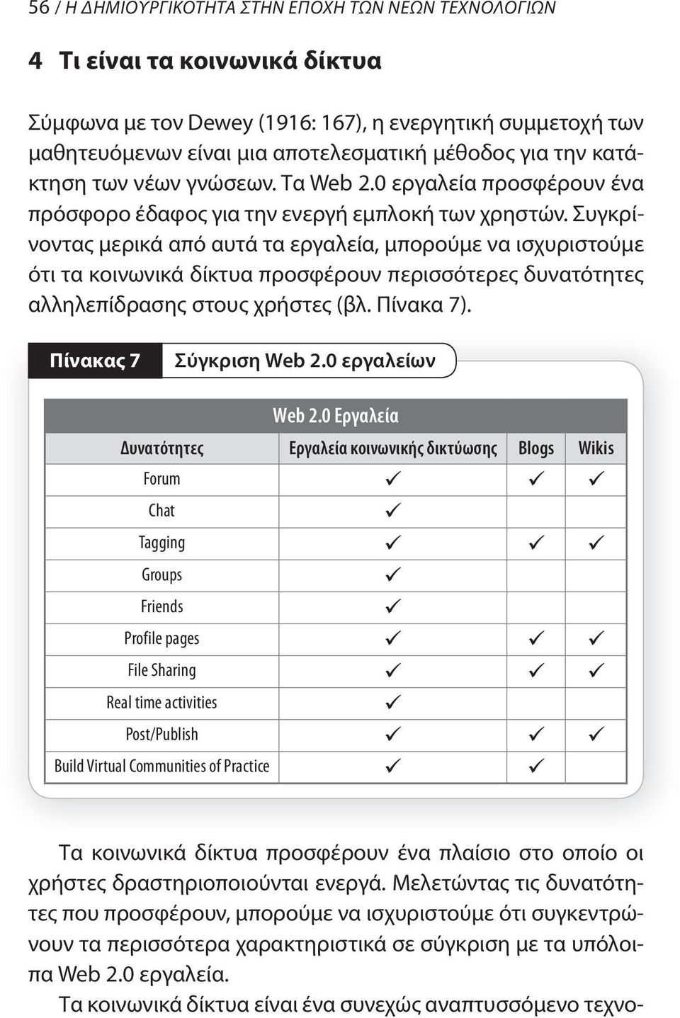 Συγκρίνοντας μερικά από αυτά τα εργαλεία, μπορούμε να ισχυριστούμε ότι τα κοινωνικά δίκτυα προσφέρουν περισσότερες δυνατότητες αλληλεπίδρασης στους χρήστες (βλ. Πίνακα 7). Πίνακας 7 Σύγκριση Web 2.