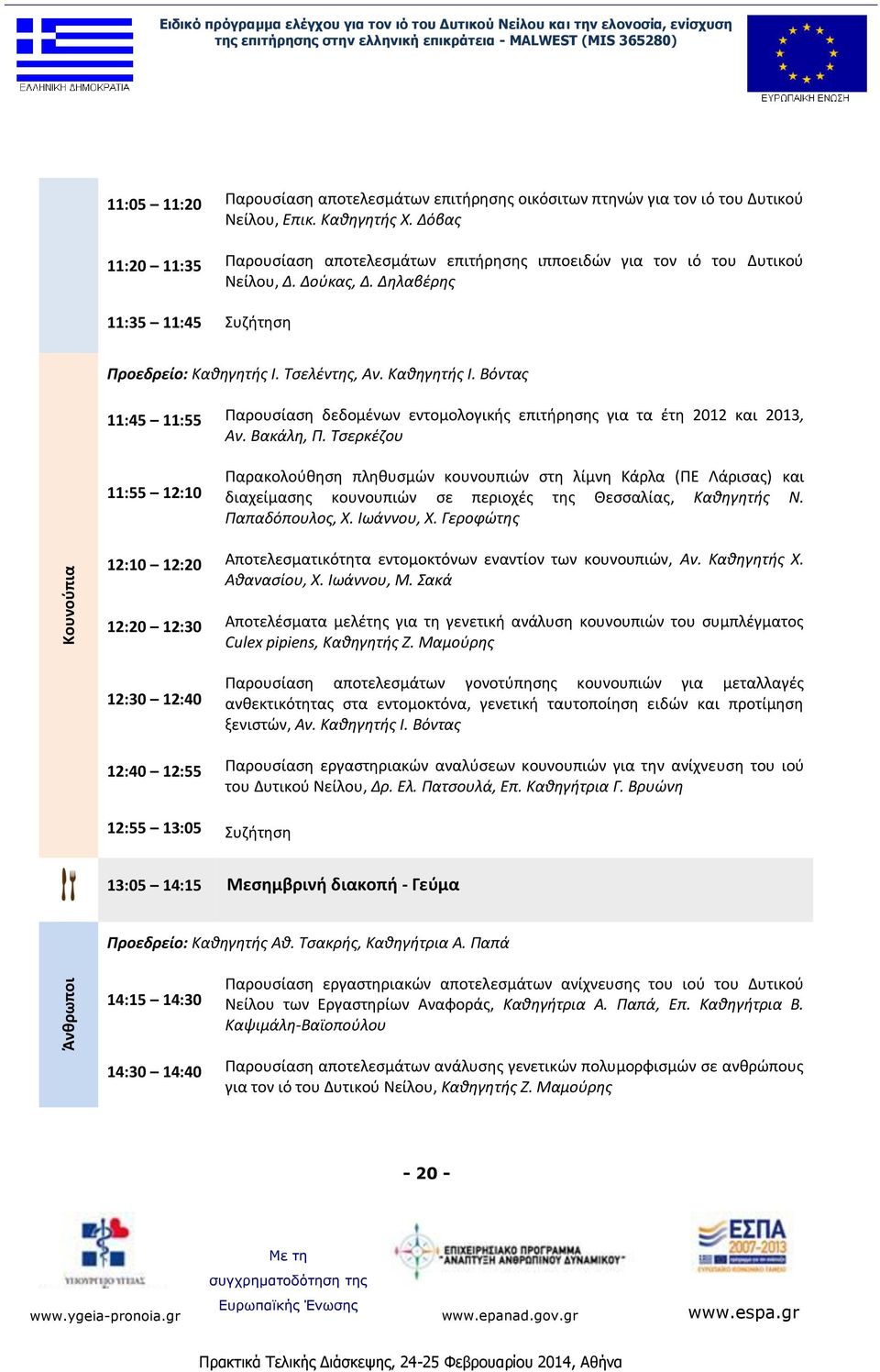 Τσελέντης, Αν. Καθηγητής Ι. Βόντας 11:45 11:55 Παρουσίαση δεδομένων εντομολογικής επιτήρησης για τα έτη 2012 και 2013, Αν. Βακάλη, Π.