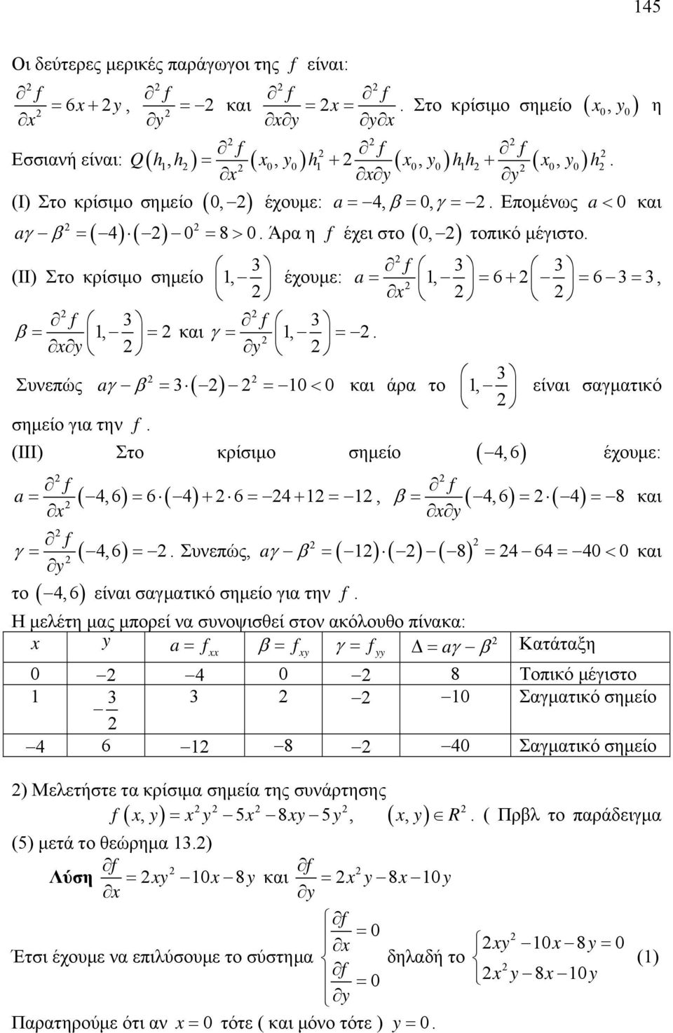 4, 648 και y f 4,6 Συνεπώς, a 8 4 64 4 και y το 4,6 είναι σαγματικό σημείο για την f Η μελέτη μας μπορεί να συνοψισθεί στον ακόλουθο πίνακα: y a f fy f yy a Κατάταξη 4 8 Τοπικό μέγιστο Σαγματικό