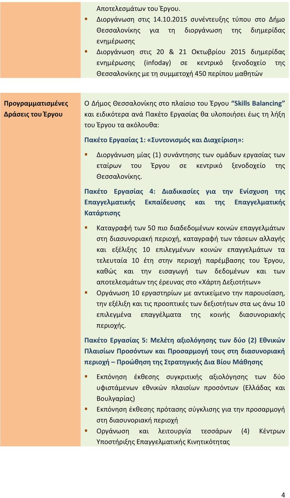 με τη συμμετοχή 450 περίπου μαθητών Προγραμματισμένες Δράσεις του Έργου και ειδικότερα ανά Πακέτο Εργασίας θα υλοποιήσει έως τη λήξη του Έργου τα ακόλουθα: Διοργάνωση μίας (1) συνάντησης των ομάδων