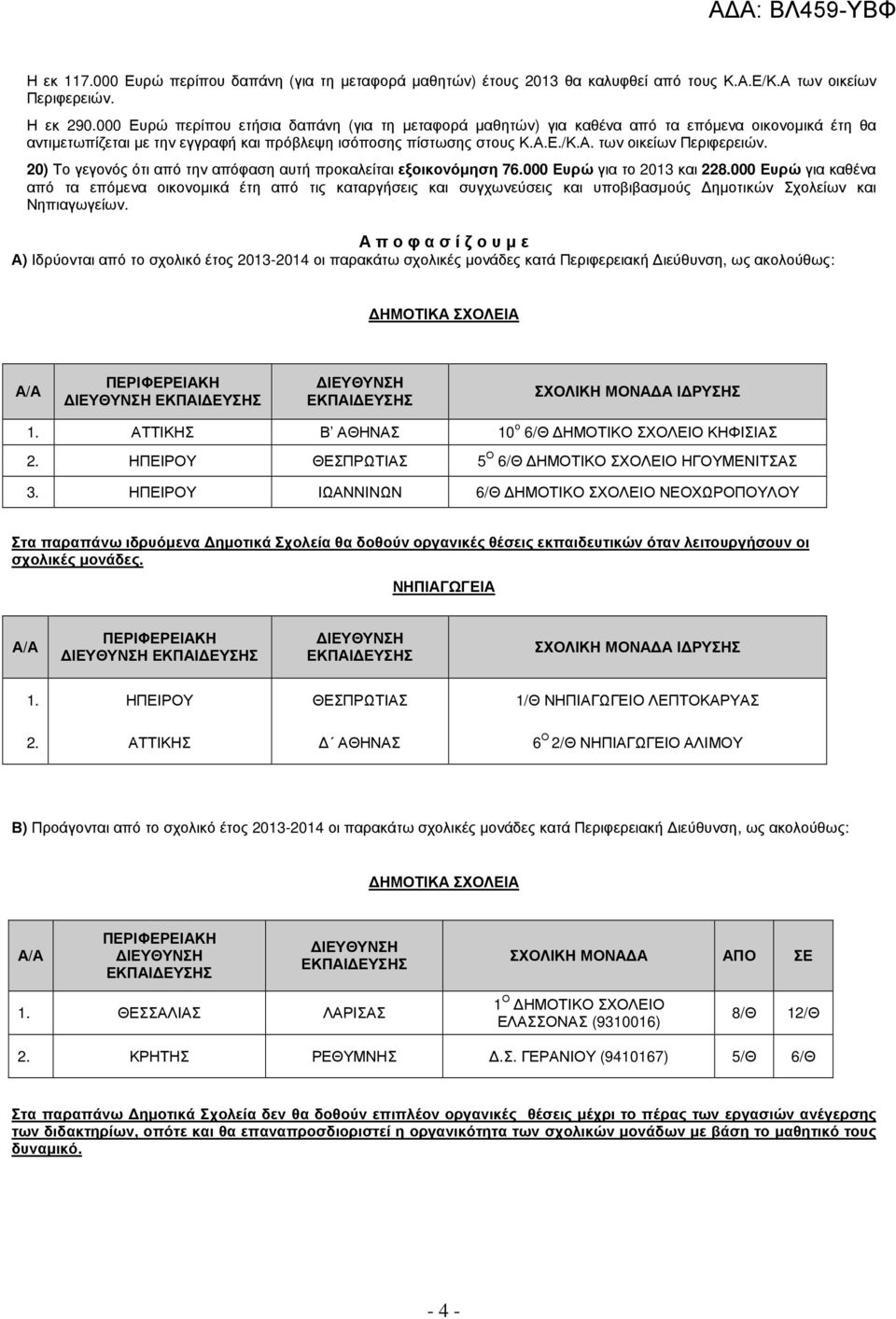 20) Το γεγονός ότι από την απόφαση αυτή προκαλείται εξοικονόµηση 7.000 Ευρώ για το 203 και 228.