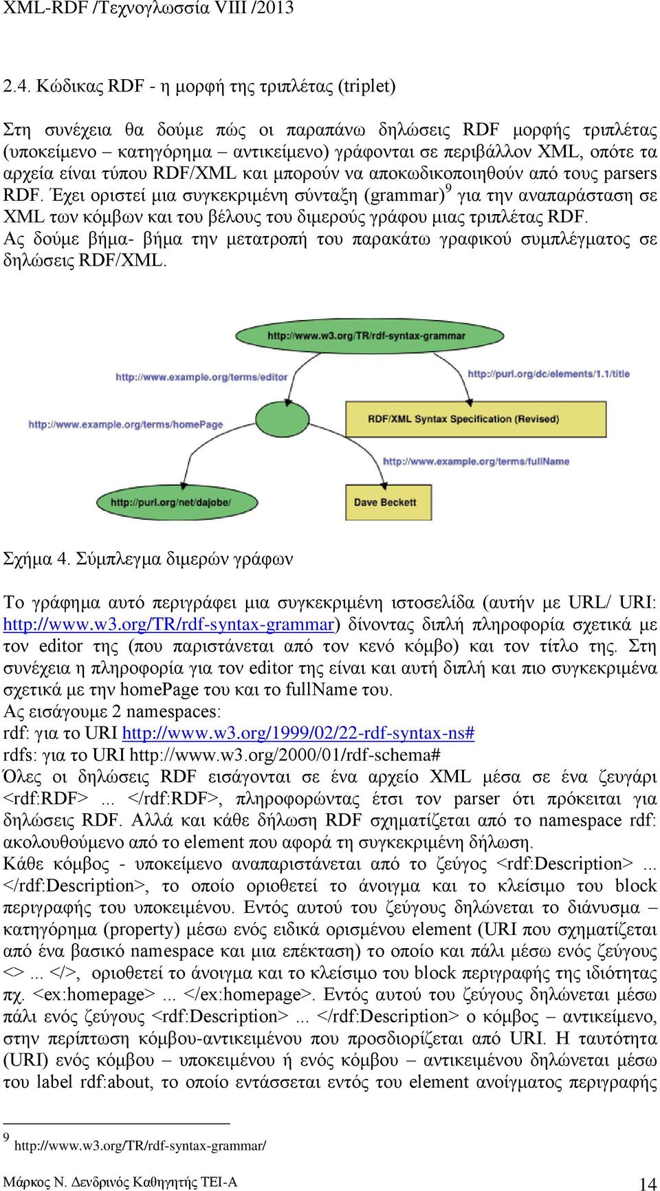 Έχει οριστεί μια συγκεκριμένη σύνταξη (grammar) 9 για την αναπαράσταση σε XML των κόμβων και του βέλους του διμερούς γράφου μιας τριπλέτας RDF.