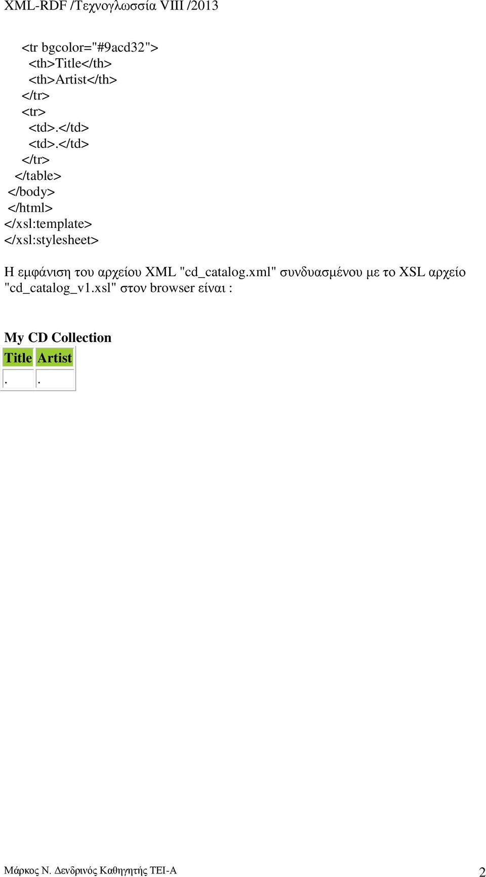 του αρχείου XML "cd_catalog.xml" συνδυασμένου με το XSL αρχείο "cd_catalog_v1.