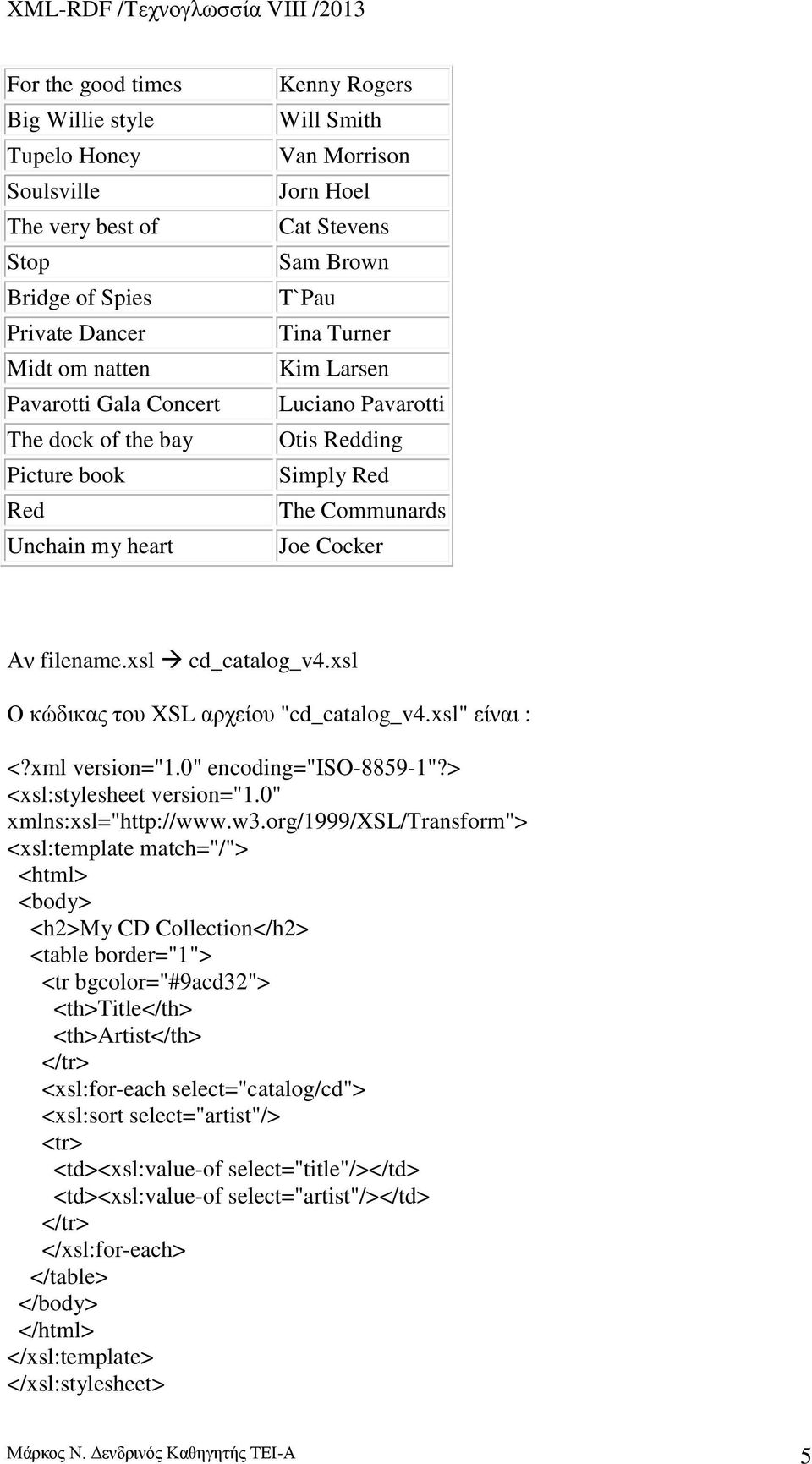 xsl cd_catalog_v4.xsl Ο κώδικας του XSL αρχείου "cd_catalog_v4.xsl" είναι : <?xml version="1.0" encoding="iso-8859-1"?> <xsl:stylesheet version="1.0" xmlns:xsl="http://www.w3.