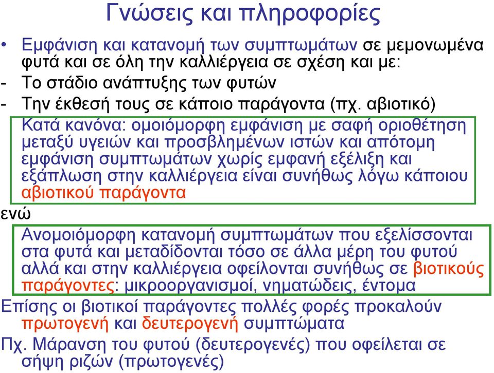 λόγω κάποιου αβιοτικού παράγοντα ενώ Ανομοιόμορφη κατανομή συμπτωμάτων που εξελίσσονται στα φυτά και μεταδίδονται τόσο σε άλλα μέρη του φυτού αλλά και στην καλλιέργεια οφείλονται συνήθως σε βιοτικούς