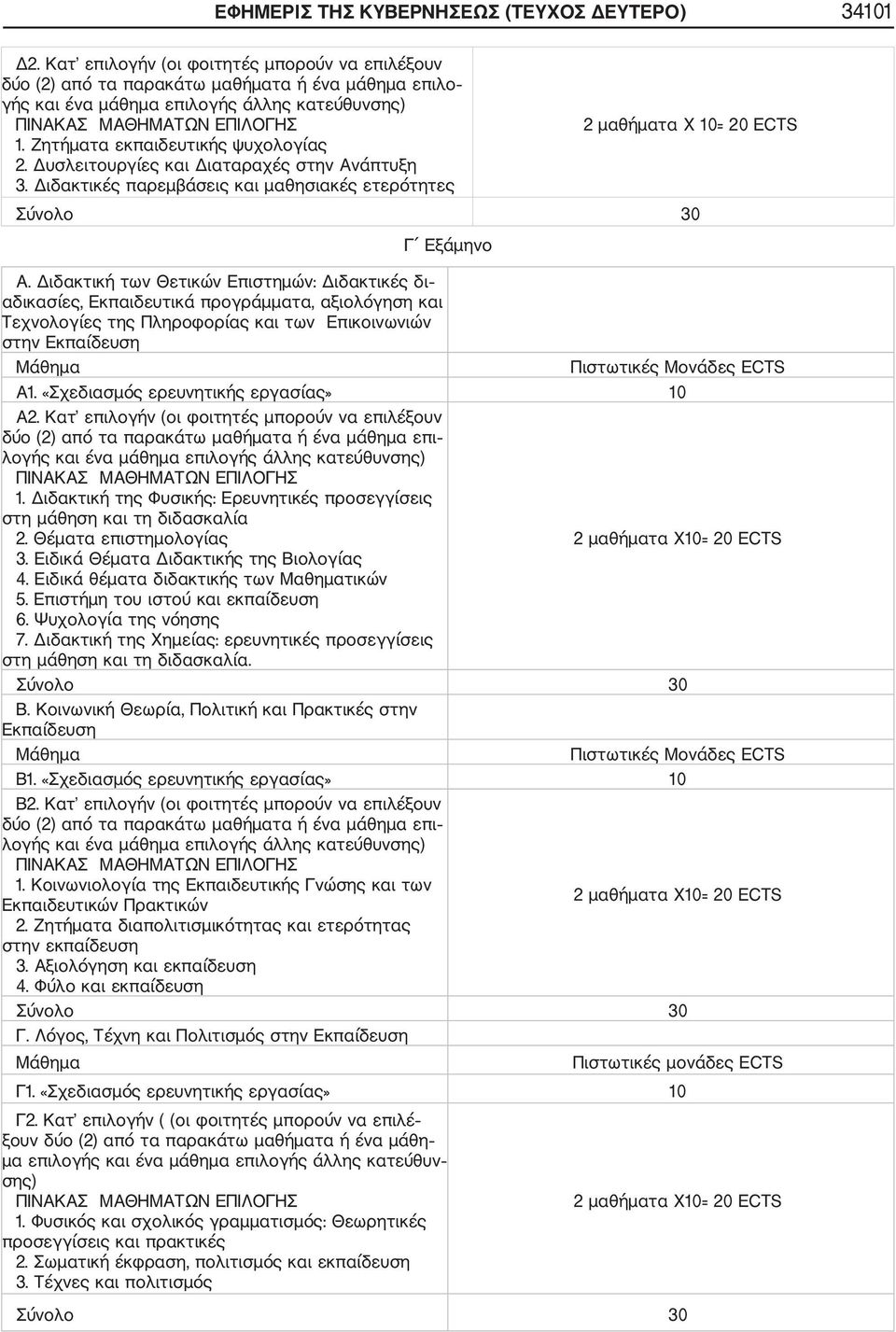 Διδακτική των Θετικών Επιστημών: Διδακτικές δι αδικασίες, Εκπαιδευτικά προγράμματα, αξιολόγηση και Τεχνολογίες της Πληροφορίας και των Επικοινωνιών στην Εκπαίδευση Πιστωτικές Μονάδες ECTS Α1.