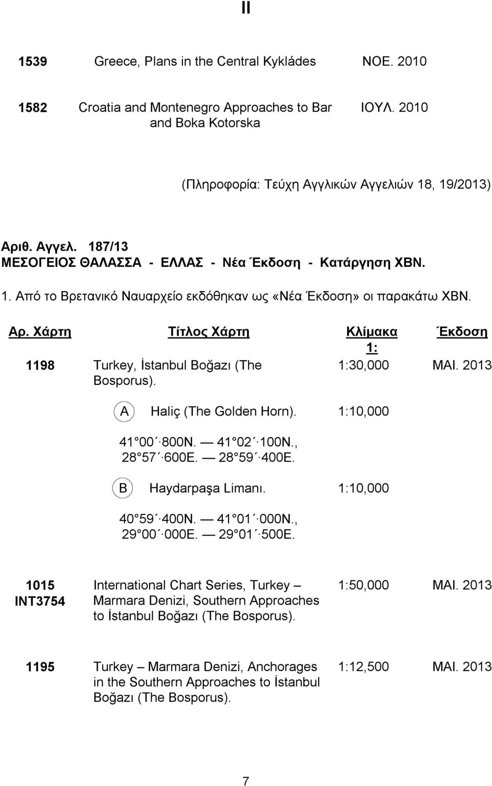 Έκδοση ΜΑΙ. 2013 A Halіç (The Golden Horn). 1:10,000 41 00 800N. 41 02 100N., 28 57 600E. 28 59 400E. B Haydarpaşa Lіmanı. 1:10,000 40 59 400N. 41 01 000N., 29 00 000E. 29 01 500E.