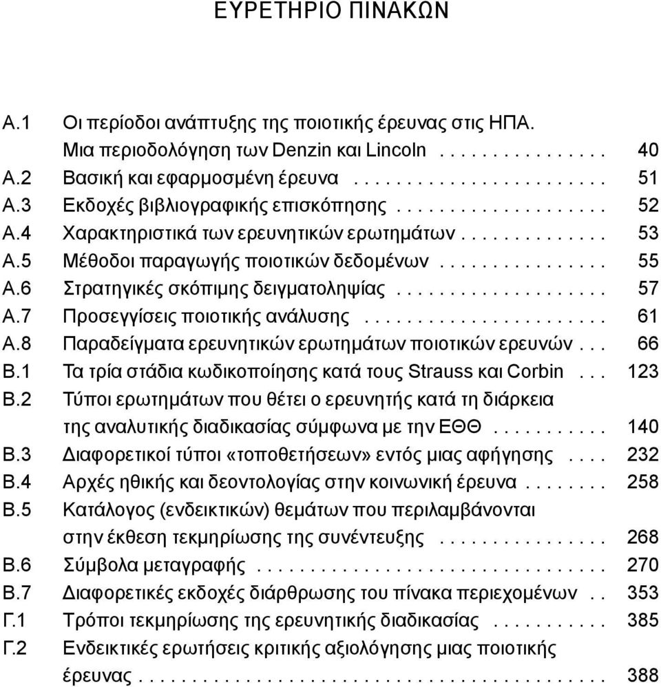 6 Στρατηγικές σκόπιμης δειγματοληψίας.................... 57 Α.7 Προσεγγίσεις ποιοτικής ανάλυσης....................... 61 Α.8 Παραδείγματα ερευνητικών ερωτημάτων ποιοτικών ερευνών... 66 Β.