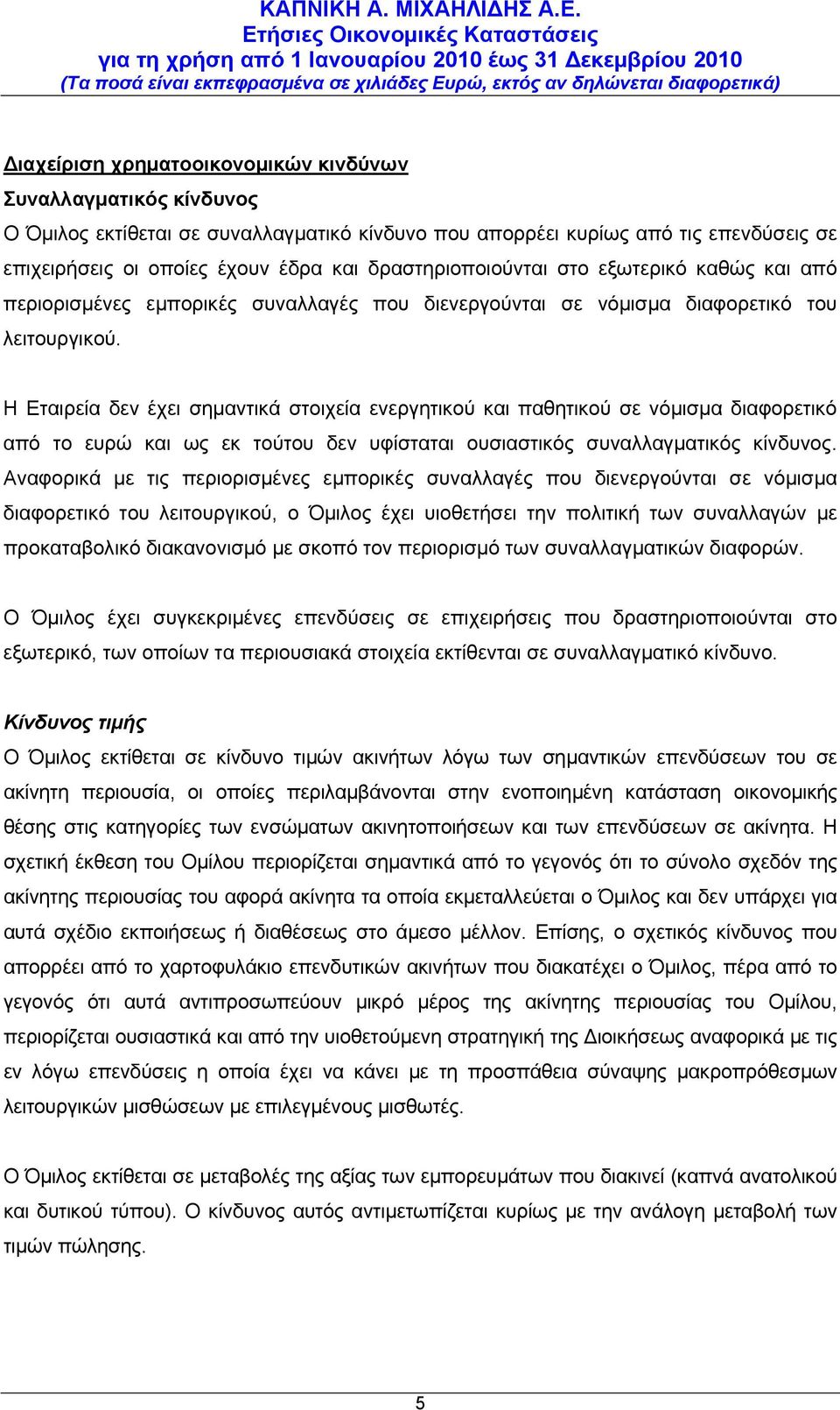 Η Εταιρεία δεν έχει σημαντικά στοιχεία ενεργητικού και παθητικού σε νόμισμα διαφορετικό από το ευρώ και ως εκ τούτου δεν υφίσταται ουσιαστικός συναλλαγματικός κίνδυνος.