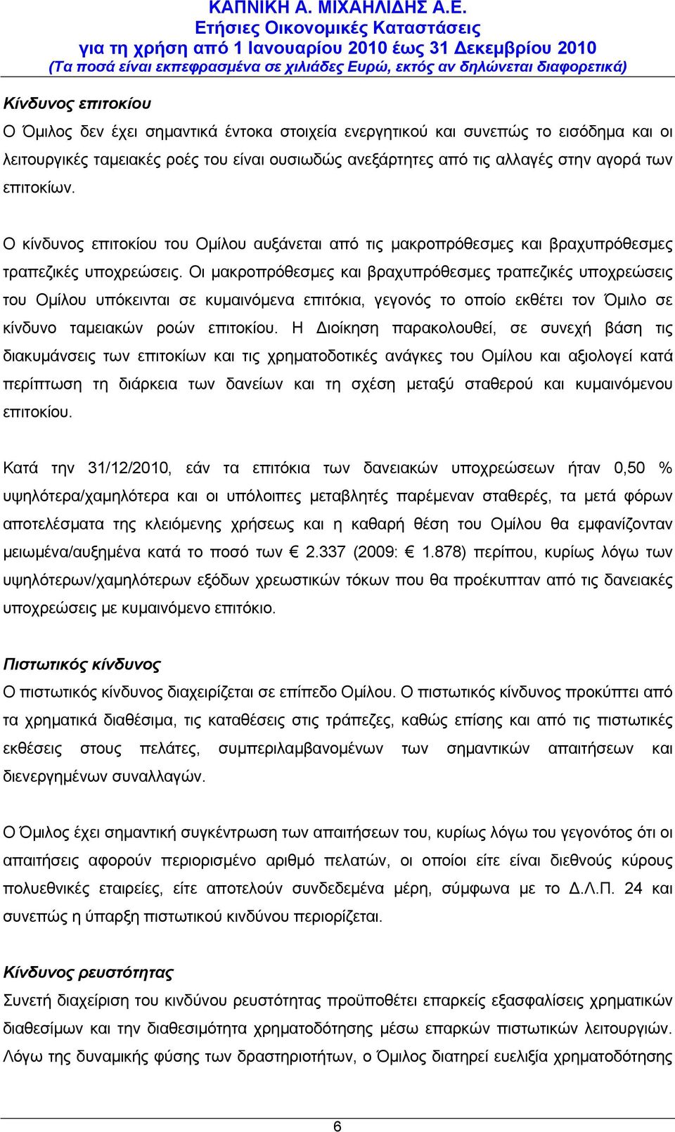 Οι μακροπρόθεσμες και βραχυπρόθεσμες τραπεζικές υποχρεώσεις του Ομίλου υπόκεινται σε κυμαινόμενα επιτόκια, γεγονός το οποίο εκθέτει τον Όμιλο σε κίνδυνο ταμειακών ροών επιτοκίου.