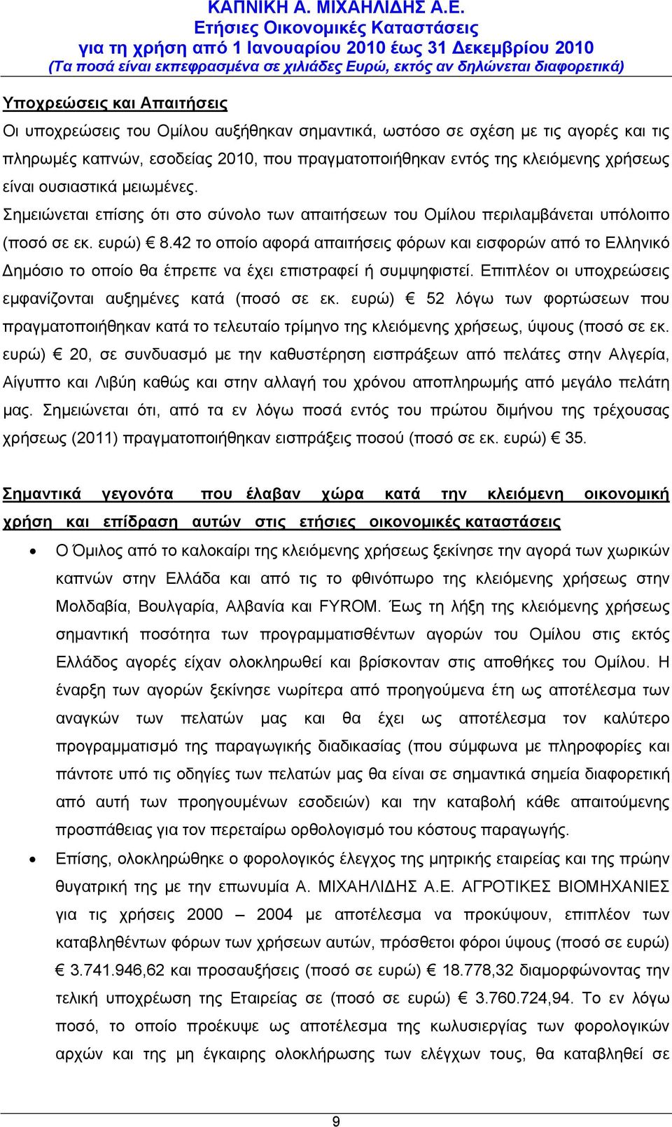 42 το οποίο αφορά απαιτήσεις φόρων και εισφορών από το Ελληνικό Δημόσιο το οποίο θα έπρεπε να έχει επιστραφεί ή συμψηφιστεί. Επιπλέον οι υποχρεώσεις εμφανίζονται αυξημένες κατά (ποσό σε εκ.