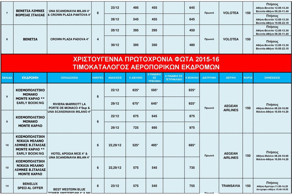 15 Αθήνα-Βενετία 12.05-13.30 Βενετία-Αθήνα 08.20-11.40 Αθήνα-Βενετία 12.05-13.30 Βενετία-Αθήνα 19.55-23.