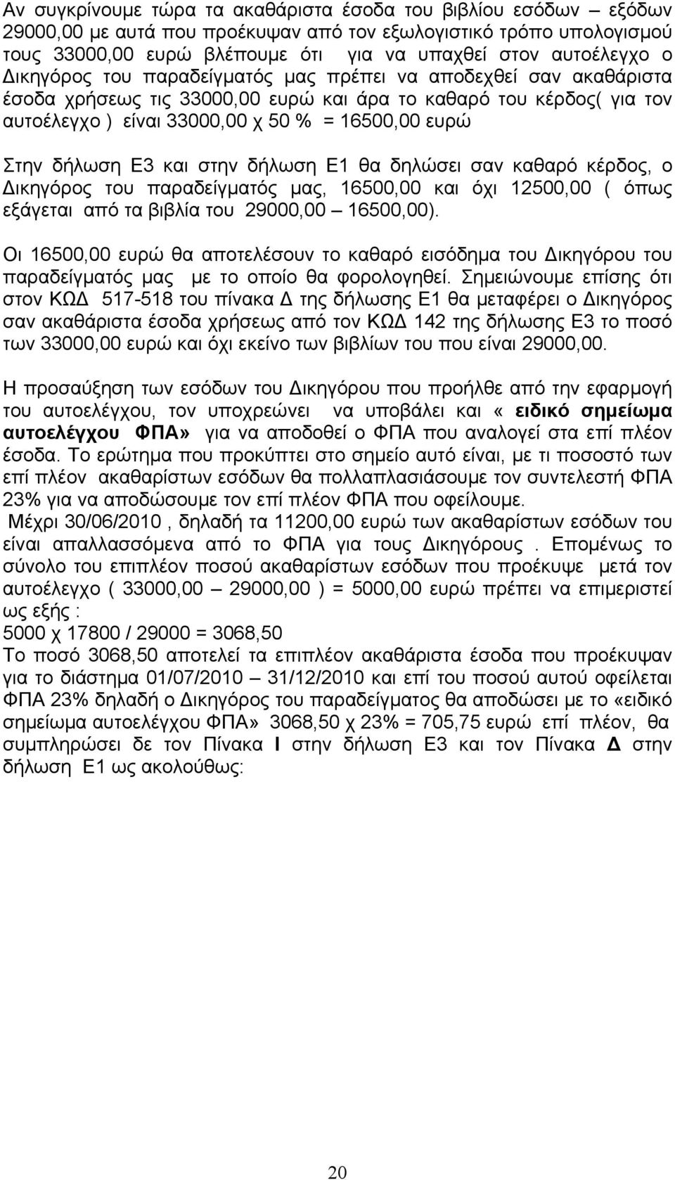 δήλωση Ε3 και στην δήλωση Ε1 θα δηλώσει σαν καθαρό κέρδος, ο Δικηγόρος του παραδείγματός μας, 16500,00 και όχι 12500,00 ( όπως εξάγεται από τα βιβλία του 29000,00 16500,00).