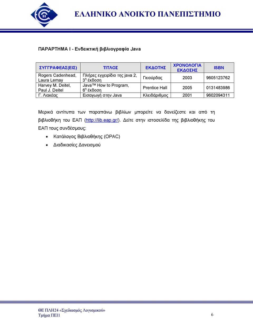 Λιακέας Εισαγωγή στην Java Κλειδάριθμος 2001 9602094311 Μερικά αντίτυπα των παραπάνω βιβλίων μπορείτε να δανείζεστε και από τη βιβλιοθήκη του EAΠ