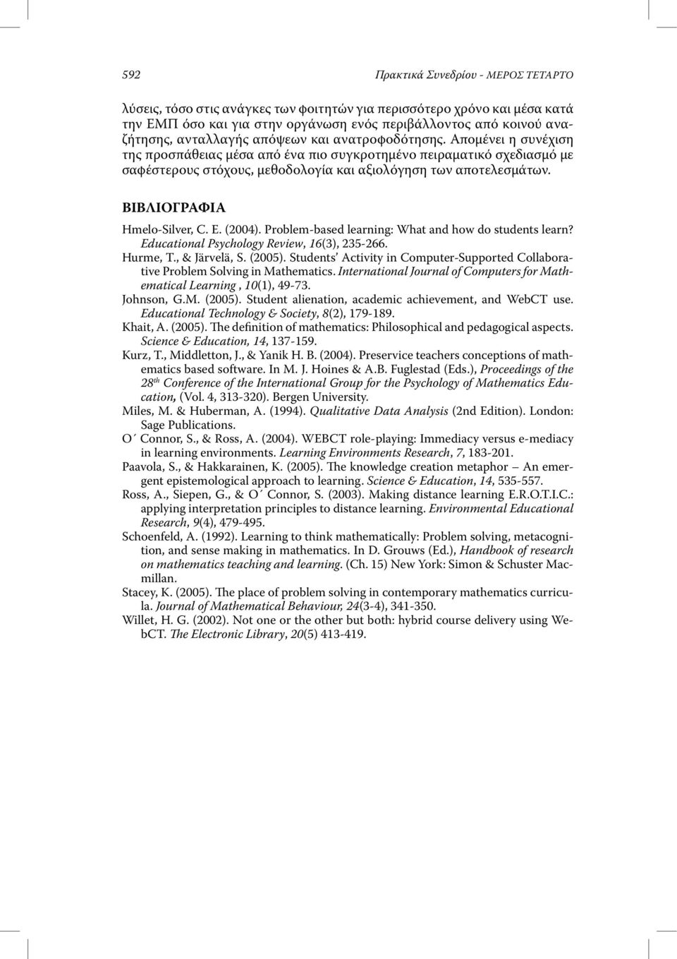 ΒΙΒΛΙΟΓΡΑΦΙΑ Hmelo-Silver, C. E. (2004). Problem-based learning: What and how do students learn? Educational Psychology Review, 16(3), 235-266. Hurme, T., & Järvelä, S. (2005).