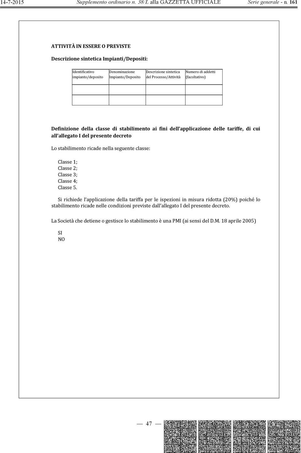 classe di stabilimento ai fini dell applicazione