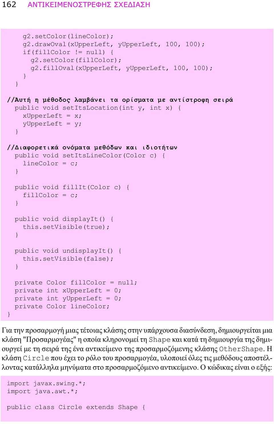 μεθόδων και ιδιοτήτων public void setitslinecolor(color c) linecolor = c; public void fillit(color c) fillcolor = c; public void displayit() this.setvisible(true); public void undisplayit() this.