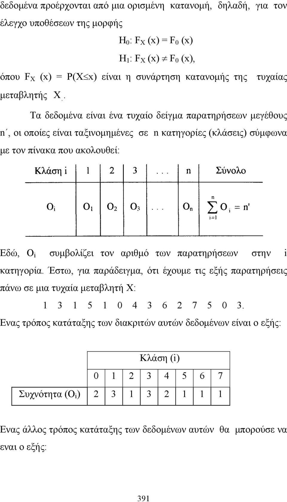 . Τα δεδομένα είναι ένα τυχαίο δείγμα παρατηρήσεων μεγέθους n, οι οποίες είναι ταξινομημένες σε n κατηγορίες (κλάσεις) σύμφωνα με τον πίνακα που ακολουθεί: Εδώ, Ο i συμβολίζει τον αριθμό