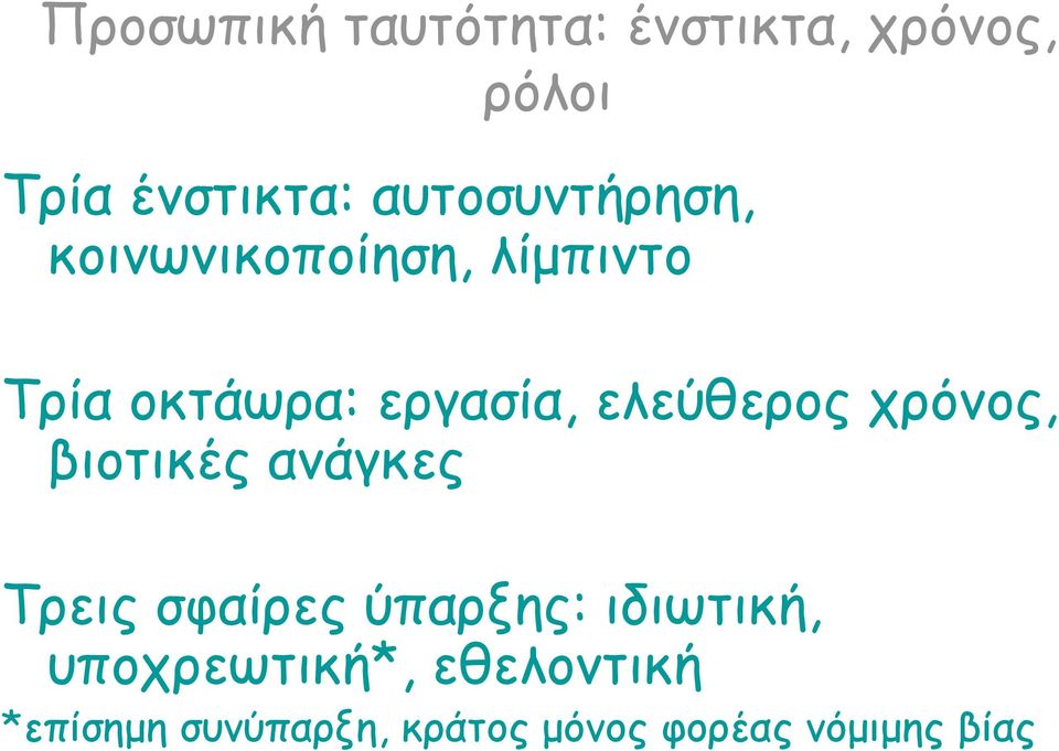 ελεύθερος χρόνος, βιοτικές ανάγκες Τρεις σφαίρες ύπαρξης: ιδιωτική,