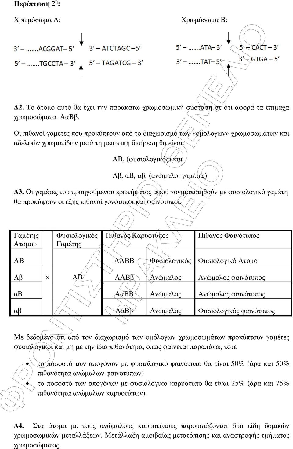 Οι γαµέτες του προηγούµενου ερωτήµατος αφού γονιµοποιηθούν µε φυσιολογικό γαµέτη θα προκύψουν οι εξής πιθανοί γονότυποι και φαινότυποι.