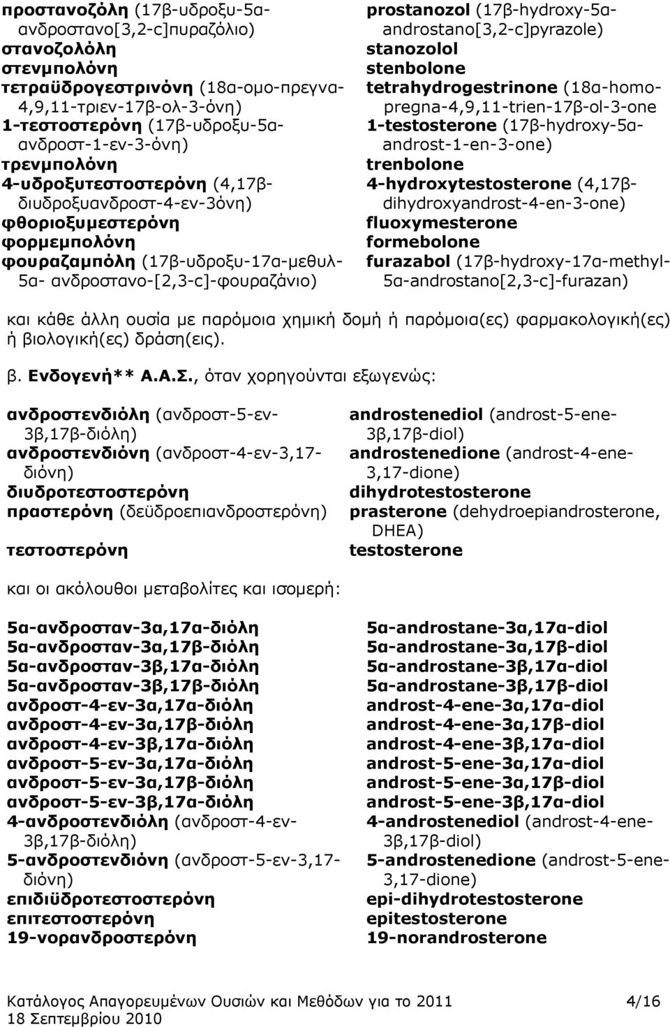 (17β-hydroxy-5αandrostano[3,2-c]pyrazole) stanozolol stenbolone tetrahydrogestrinone (18α-homopregna-4,9,11-trien-17β-ol-3-one 1-testosterone (17β-hydroxy-5αandrost-1-en-3-one) trenbolone