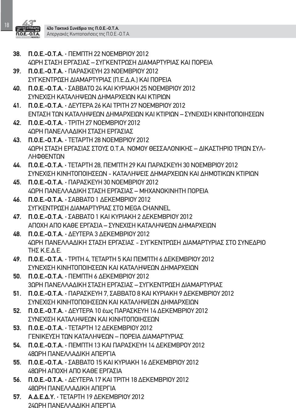 Π.Ο.Ε.-Ο.Τ.Α. ΤΡΙΤΗ 27 ΝΟΕΜΒΡΙΟΥ 2012 4ΩΡΗ ΠΑΝΕΛΛΑΔΙΚΗ ΣΤΑΣΗ ΕΡΓΑΣΙΑΣ 43. Π.Ο.Ε.-Ο.Τ.Α. ΤΕΤΑΡΤΗ 28 ΝΟΕΜΒΡΙΟΥ 2012 4ΩΡΗ ΣΤΑΣΗ ΕΡΓΑΣΙΑΣ ΣΤΟΥΣ Ο.Τ.Α. ΝΟΜΟΥ ΘΕΣΣΑΛΟΝΙΚΗΣ ΔΙΚΑΣΤΗΡΙΟ ΤΡΙΩΝ ΣΥΛ- ΛΗΦΘΕΝΤΩΝ 44.