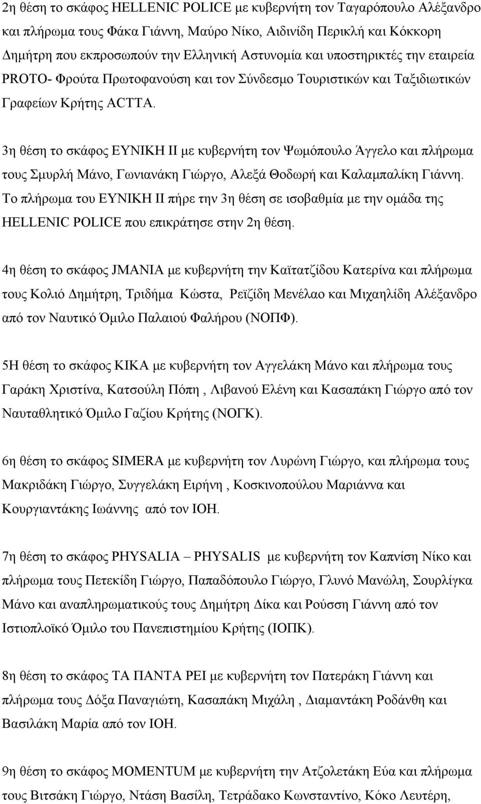 3η θέση το σκάφος ΕΥΝΙΚΗ ΙΙ με κυβερνήτη τον Ψωμόπουλο Άγγελο και πλήρωμα τους Σμυρλή Μάνο, Γωνιανάκη Γιώργο, Αλεξά Θοδωρή και Καλαμπαλίκη Γιάννη.