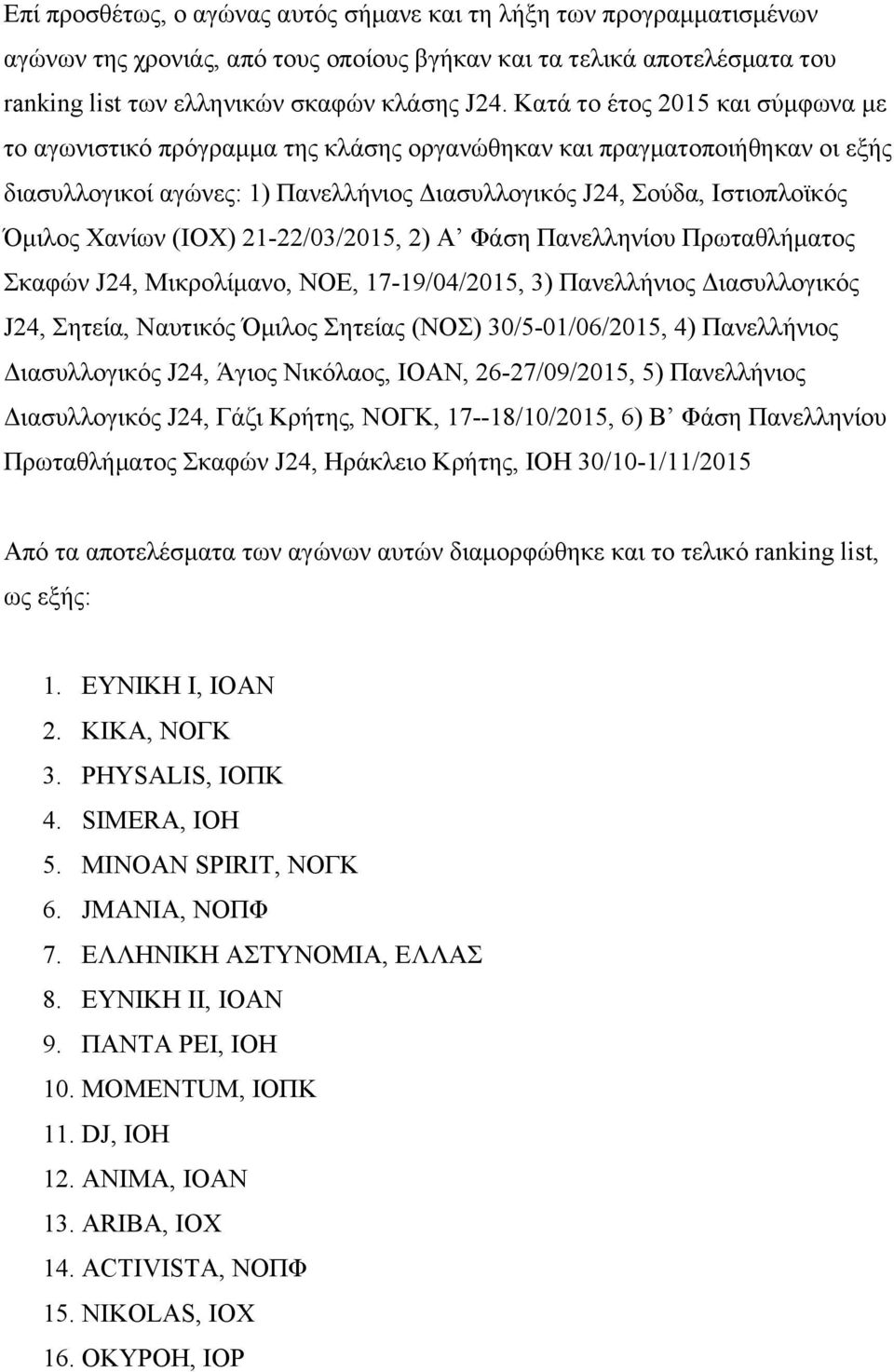 (ΙOX) 21-22/03/2015, 2) Α Φάση Πανελληνίου Πρωταθλήματος Σκαφών J24, Μικρολίμανο, ΝΟΕ, 17-19/04/2015, 3) Πανελλήνιος Διασυλλογικός J24, Σητεία, Ναυτικός Όμιλος Σητείας (NOΣ) 30/5-01/06/2015, 4)