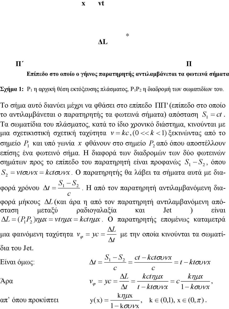 Τα σωματίδια του πλάσματος, κατά το ίδιο χρονικό διάστημα, κινούνται με μια σχετικιστική σχετική ταχύτητα v kc, ξεκινώντας από το σημείο και υπό γωνία φθάνουν στο σημείο επίσης ένα φωτεινό σήμα.