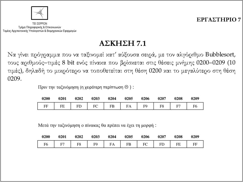 στις θέσεις μνήμης 0200 0209 (10 τιμές), δηλαδή το μικρότερο να τοποθετείται στη θέση 0200 και το μεγαλύτερο στη θέση 0209.