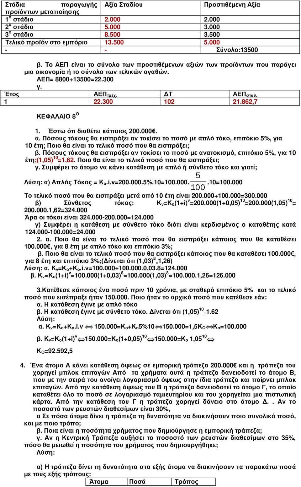 862,7 ΚΕΦΑΛΑΙΟ 8 Ο 1. Έστω ότι διαθέτει κάποιος 200.000. α. Πόσους τόκους θα εισπράξει αν τοκίσει το ποσό µε απλό τόκο, επιτόκιο 5%, για 10 έτη; Ποιο θα είναι το τελικό ποσό που θα εισπράξει; β.