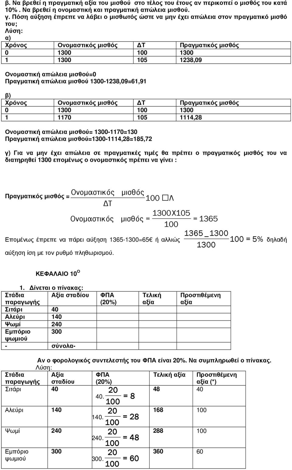 µισθού=0 Πραγµατική απώλεια µισθού 1300-1238,09=61,91 β) Χρόνος Ονοµαστικός µισθός Τ Πραγµατικός µισθός 0 1300 1300 1 1170 105 1114,28 Ονοµαστική απώλεια µισθού= 1300-1170=130 Πραγµατική απώλεια