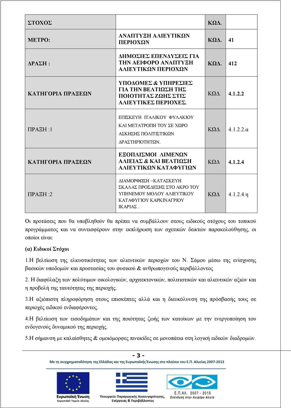 4.1.2.2.α ΔΡΑΣΤΗΡΙΟΤΗΤΩΝ. ΚΑΤΗΓΟΡΙΑ ΠΡΑΞΕΩΝ ΕΞΟΠΛΙΣΜΟΙ ΛΙΜΕΝΩΝ ΑΛΙΕΙΑΣ & ΚΑΙ ΒΕΛΤΙΩΣΗ ΑΛΙΕΥΤΙΚΩΝ ΚΑΤΑΦΥΓΙΩΝ ΚΩΔ 4.1.2.4 ΠΡΑΞΗ :2 ΔΙΑΜΟΡΦΩΣΗ ΚΑΤΑΣΚΕΥΗ ΣΚΑΛΑΣ ΠΡΟΣΔΕΣΗΣ ΣΤΟ ΑΚΡΟ ΤΟΥ ΥΠΗΝΕΜΟΥ ΜΟΛΟΥ ΑΛΙΕΥΤΙΚΟΥ ΚΑΤΑΦΥΓΙΟΥ ΚΑΡΚΙΝΑΓΡΙΟΥ ΙΚΑΡΙΑΣ.