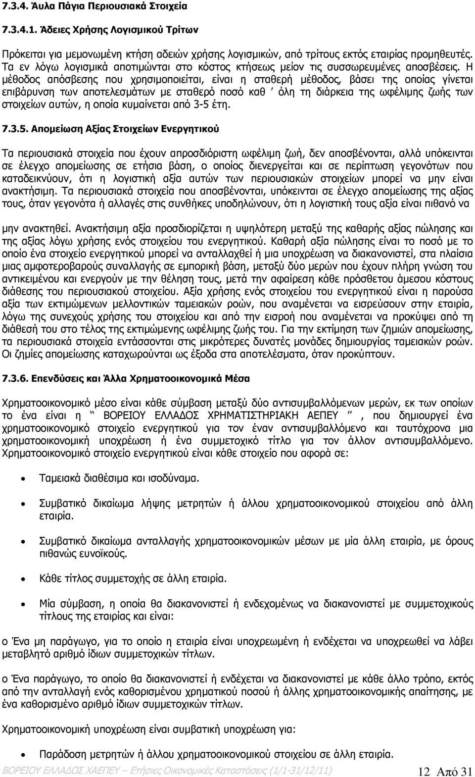 Η μέθοδος απόσβεσης που χρησιμοποιείται, είναι η σταθερή μέθοδος, βάσει της οποίας γίνεται επιβάρυνση των αποτελεσμάτων με σταθερό ποσό καθ όλη τη διάρκεια της ωφέλιμης ζωής των στοιχείων αυτών, η