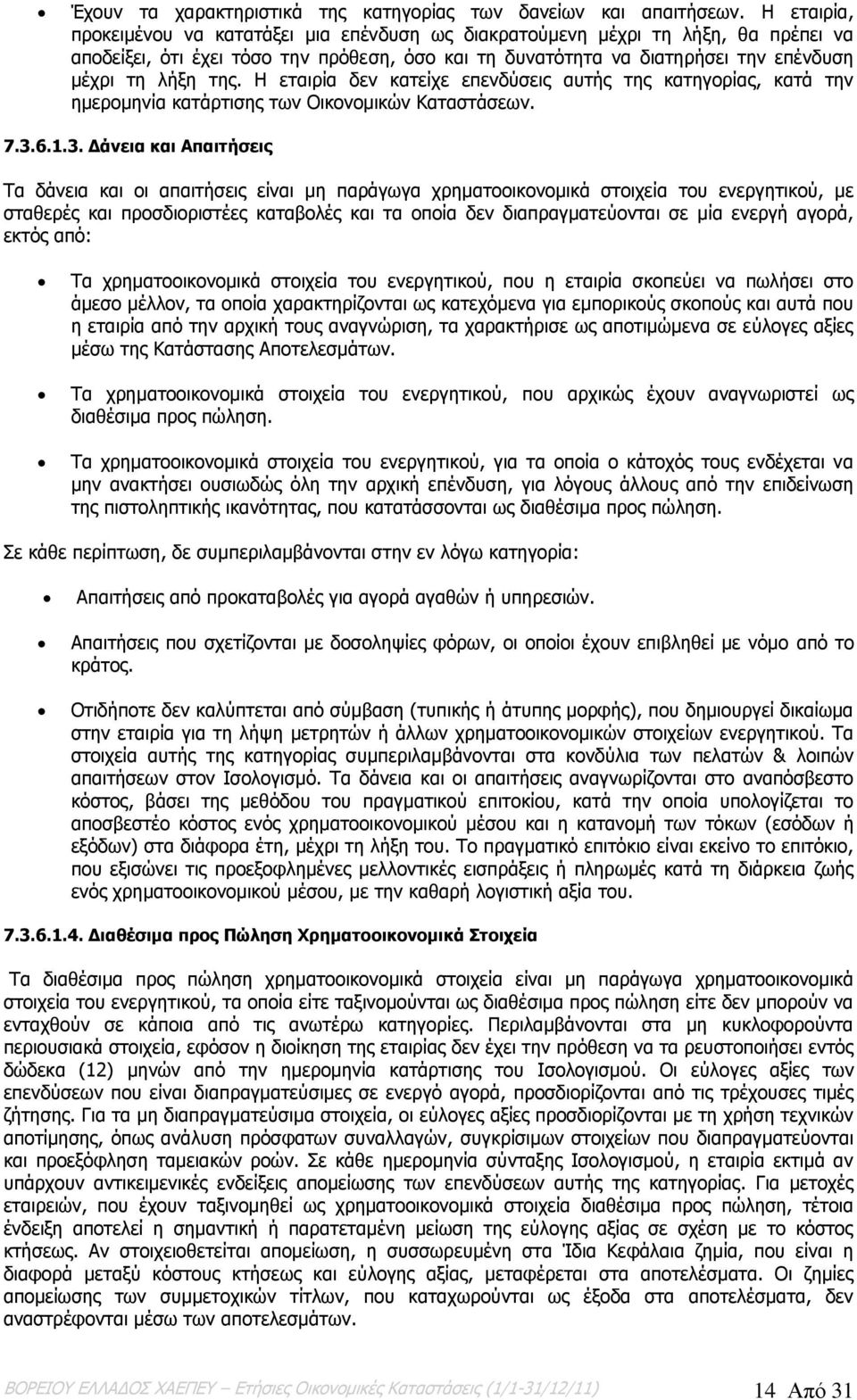 Η εταιρία δεν κατείχε επενδύσεις αυτής της κατηγορίας, κατά την ημερομηνία κατάρτισης των Οικονομικών Καταστάσεων. 7.3.