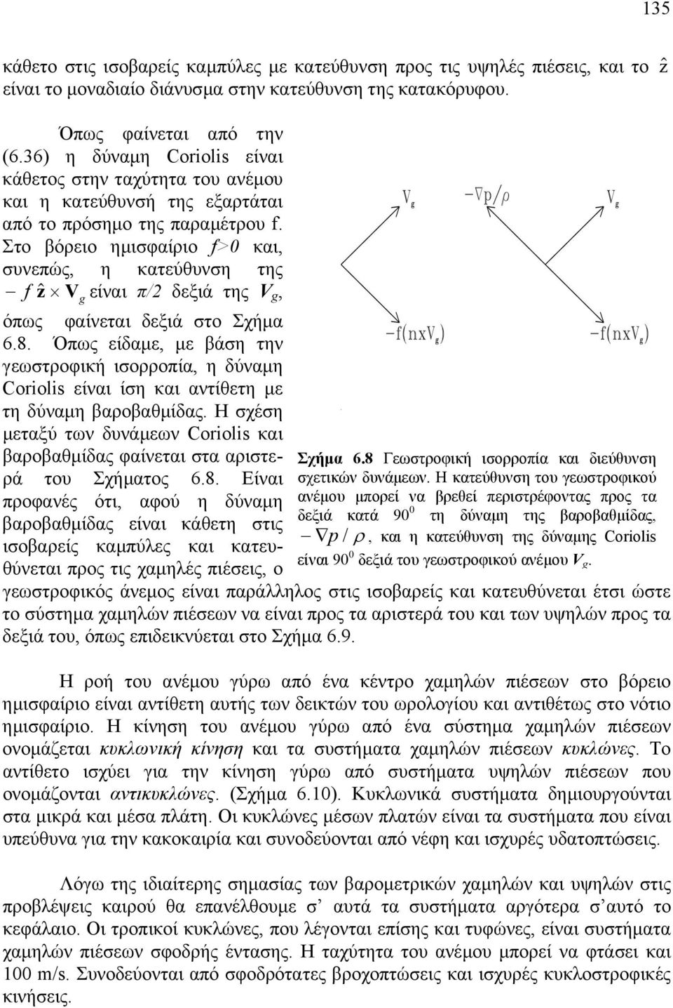 Στο βόρειο ηµισφαίριο f>0 και, συνεπώς, η κατεύθυνση της f $z V είναι π/2 δεξιά της V g, g όπως φαίνεται δεξιά στο Σχήµα 6.8.