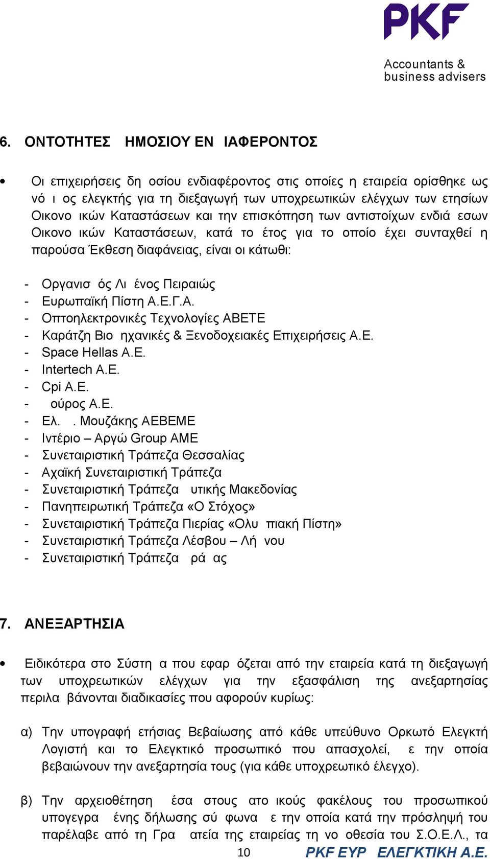 - Ευρωπαϊκή Πίστη Α.Ε.Γ.Α. - Οπτοηλεκτρονικές Τεχνολογίες ΑΒΕΤΕ - Καράτζη Βιομηχανικές & Ξενοδοχειακές Επιχειρήσεις Α.Ε. - Space Hellas A.E. - Intertech Α.Ε. - Cpi A.E. - Δο