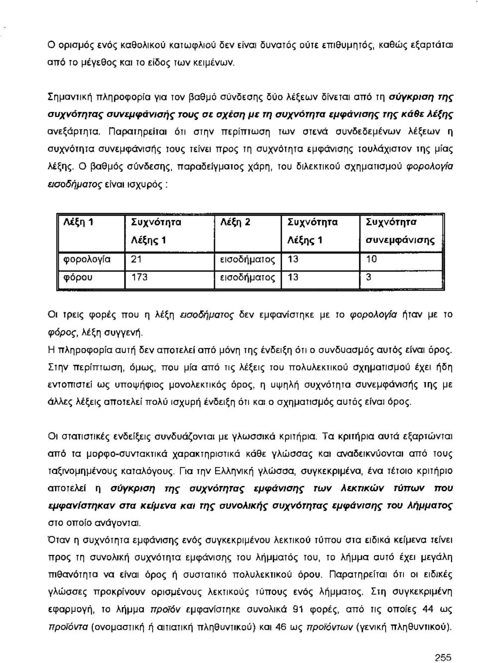 Παρατηρείται ότι στην περίπτωση των στενά συνδεδεμένων λέξεων η συχνότητα συνεμφάνισής τους τείνει προς τη συχνότητα εμφάνισης τουλάχιστον της μίας λέξης.