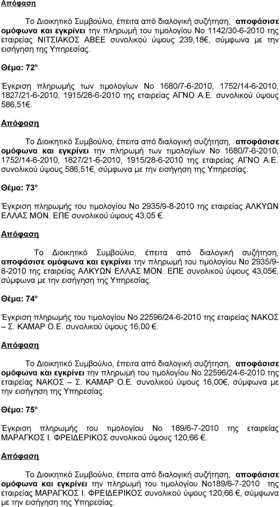 ομόφωνα και εγκρίνει την πληρωμή των τιμολογίων Νο 1680/7-6-2010, 1752/14-6-2010, 1827/21-6-2010, 1915/28-6-2010 της εταιρείας ΑΓΝΟ Α.Ε.