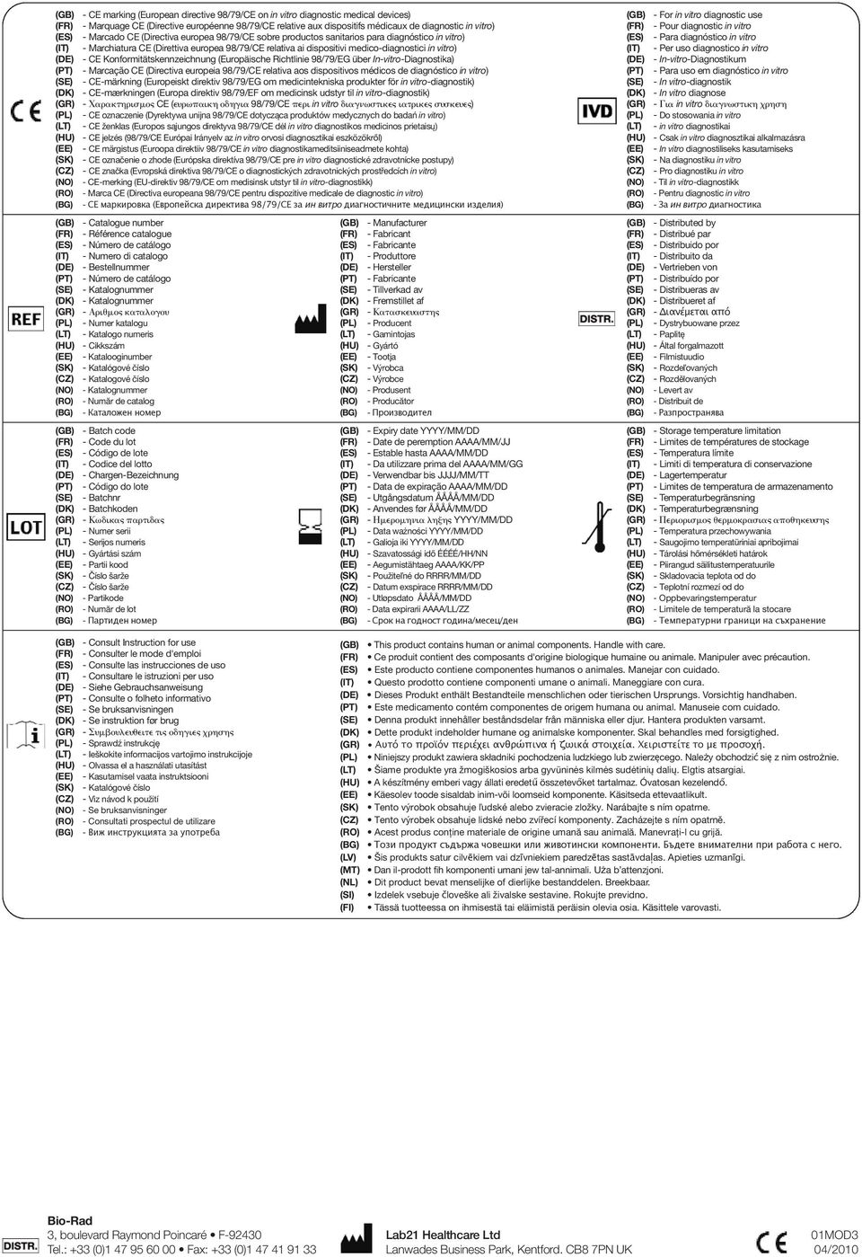 Konformitätskennzeichnung (Europäische Richtlinie 98/79/EG über In-vitro-Diagnostika) - Marcação CE (Directiva europeia 98/79/CE relativa aos dispositivos médicos de diagnóstico in vitro) -