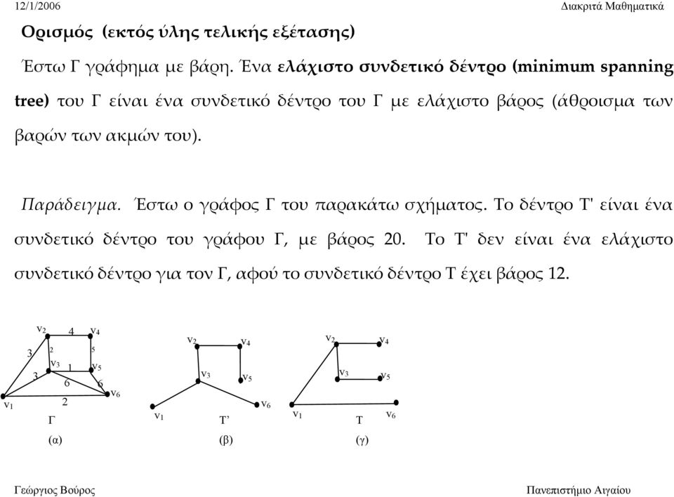 (άθροισμα των βαρών των ακμών του). Παράδειγμα. Έστω ο γράφος Γ του παρακάτω σχήματος.