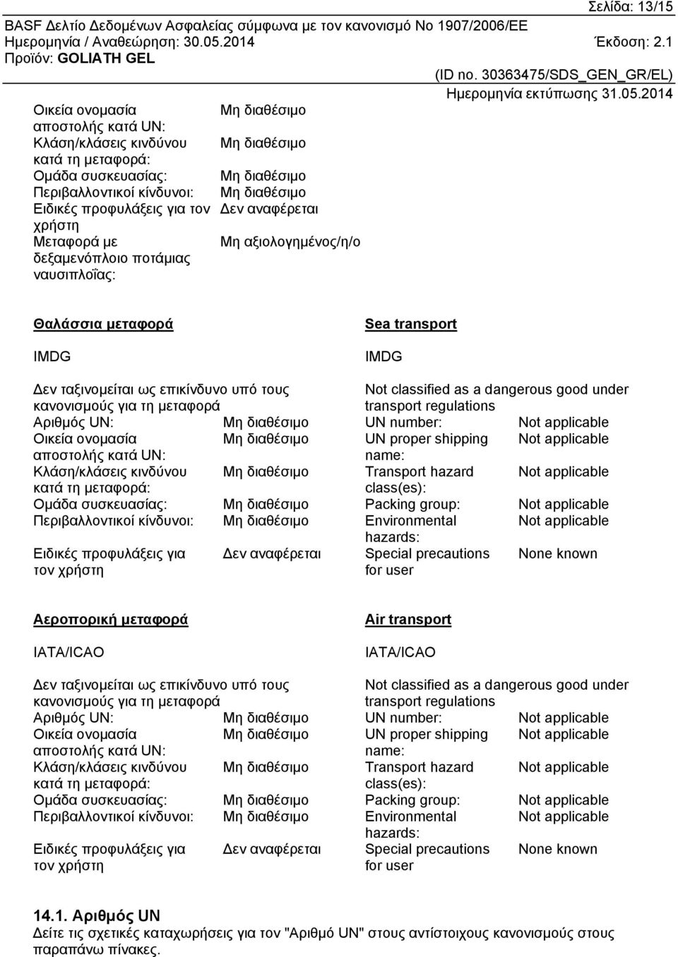 under transport regulations Αριθμός UN: UN number: Not applicable Οικεία ονομασία UN proper shipping Not applicable αποστολής κατά UN: name: Κλάση/κλάσεις κινδύνου Transport hazard Not applicable