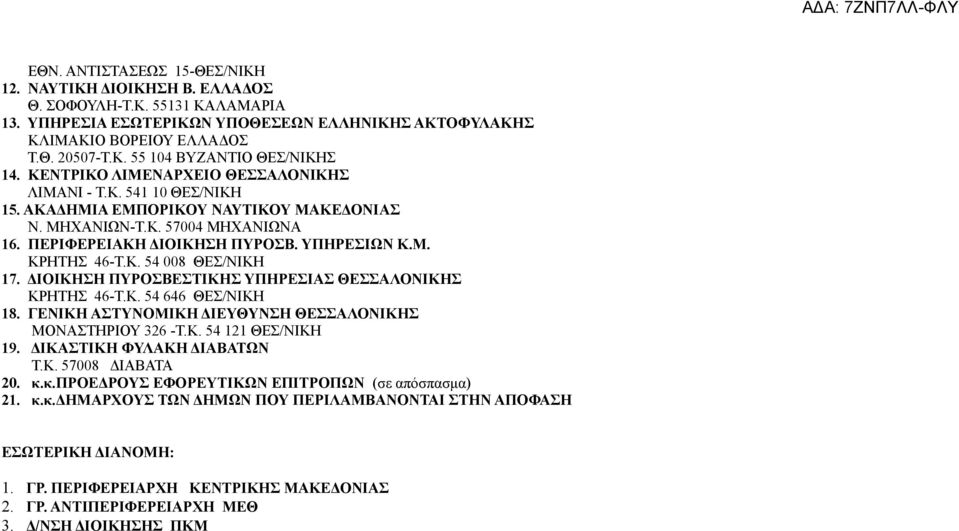 ΔΙΟΙΚΗΣΗ ΠΥΡΟΣΒΕΣΤΙΚΗΣ ΥΠΗΡΕΣΙΑΣ ΘΕΣΣΑΛΟΝΙΚΗΣ ΚΡΗΤΗΣ -Τ.Κ. ΘΕΣ/ΝΙΚΗ 8. ΓΕΝΙΚΗ ΑΣΤΥΝΟΜΙΚΗ ΔΙΕΥΘΥΝΣΗ ΘΕΣΣΑΛΟΝΙΚΗΣ ΜΟΝΑΣΤΗΡΙΟΥ -Τ.Κ. ΘΕΣ/ΝΙΚΗ 9. ΔΙΚΑΣΤΙΚΗ ΦΥΛΑΚΗ ΔΙΑΒΑΤΩΝ Τ.Κ. 78 ΔΙΑΒΑΤΑ. κ.