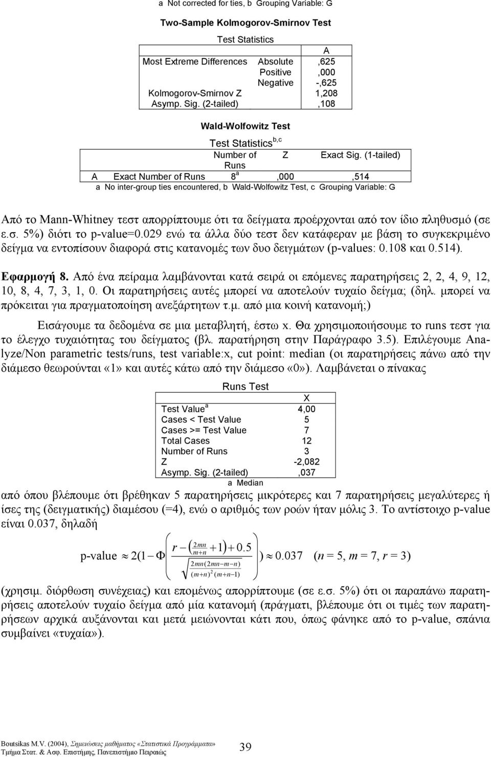 (-taled) Rus A Exact Number of Rus 8 a,,54 a No ter-group tes ecoutered, b Wald-Wolfowtz Test, c Groupg Varable: G Από το Ma-Whtey τεστ απορρίπτουµε ότι τα δείγµατα προέρχονται από τον ίδιο πληθυσµό