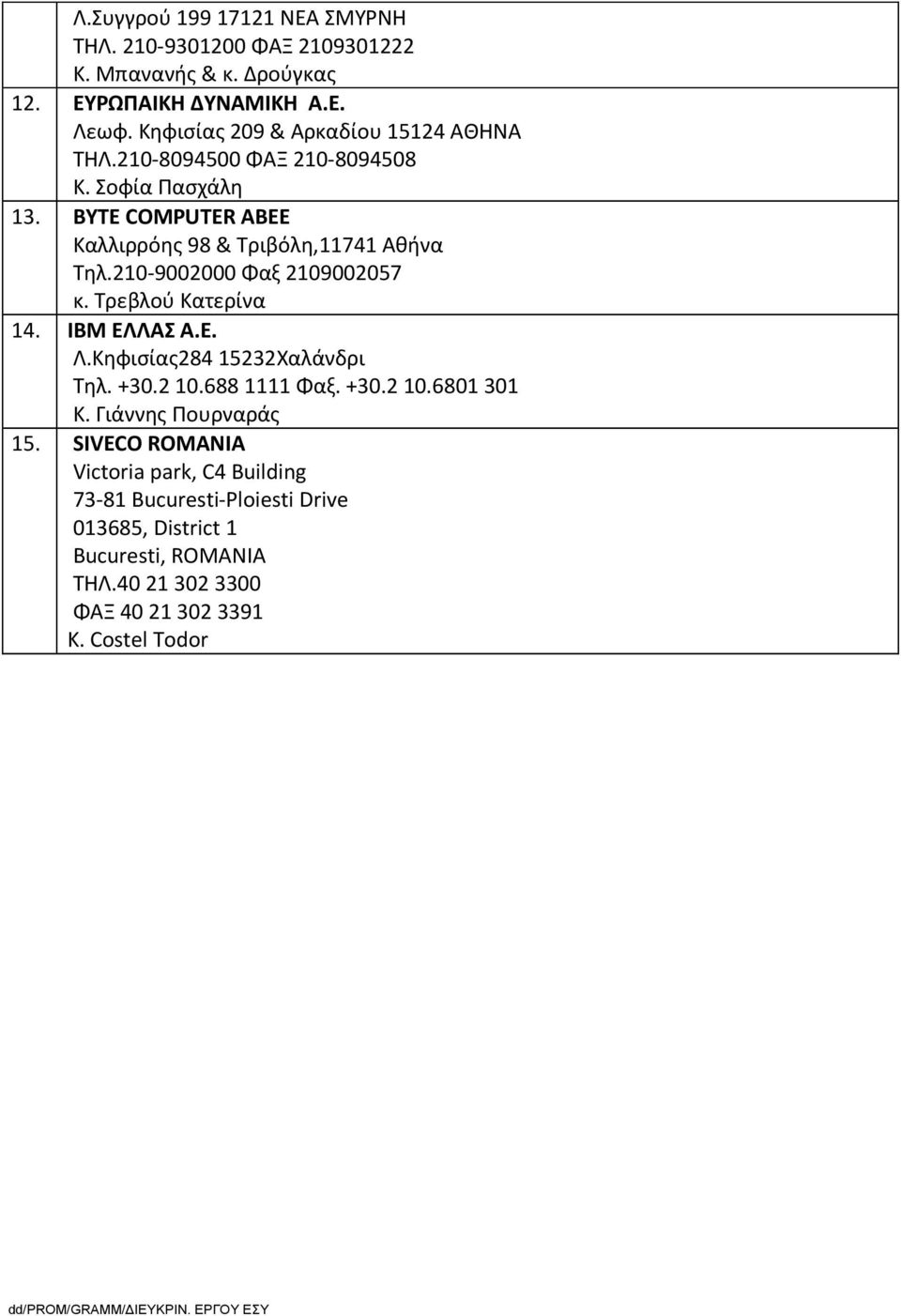 210-9002000 Φαξ 2109002057 κ. Τρεβλού Κατερίνα 14. ΙΒΜ ΕΛΛΑΣ Α.Ε. Λ.Κηφισίας284 15232Χαλάνδρι Τηλ. +30.2 10.688 1111 Φαξ. +30.2 10.6801 301 Κ.
