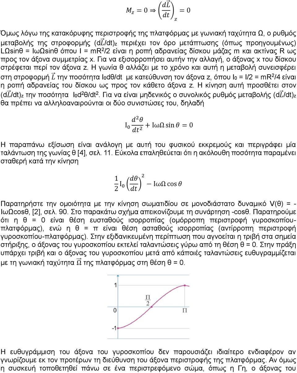 Η γωνία θ αλλάζει με το χρόνο και αυτή η μεταβολή συνεισφέρει στη στροφορμή L την ποσότητα I0dθ/dt με κατεύθυνση τον άξονα z, όπου I0 = I/2 = mr 2 /4 είναι η ροπή αδρανείας του δίσκου ως προς τον