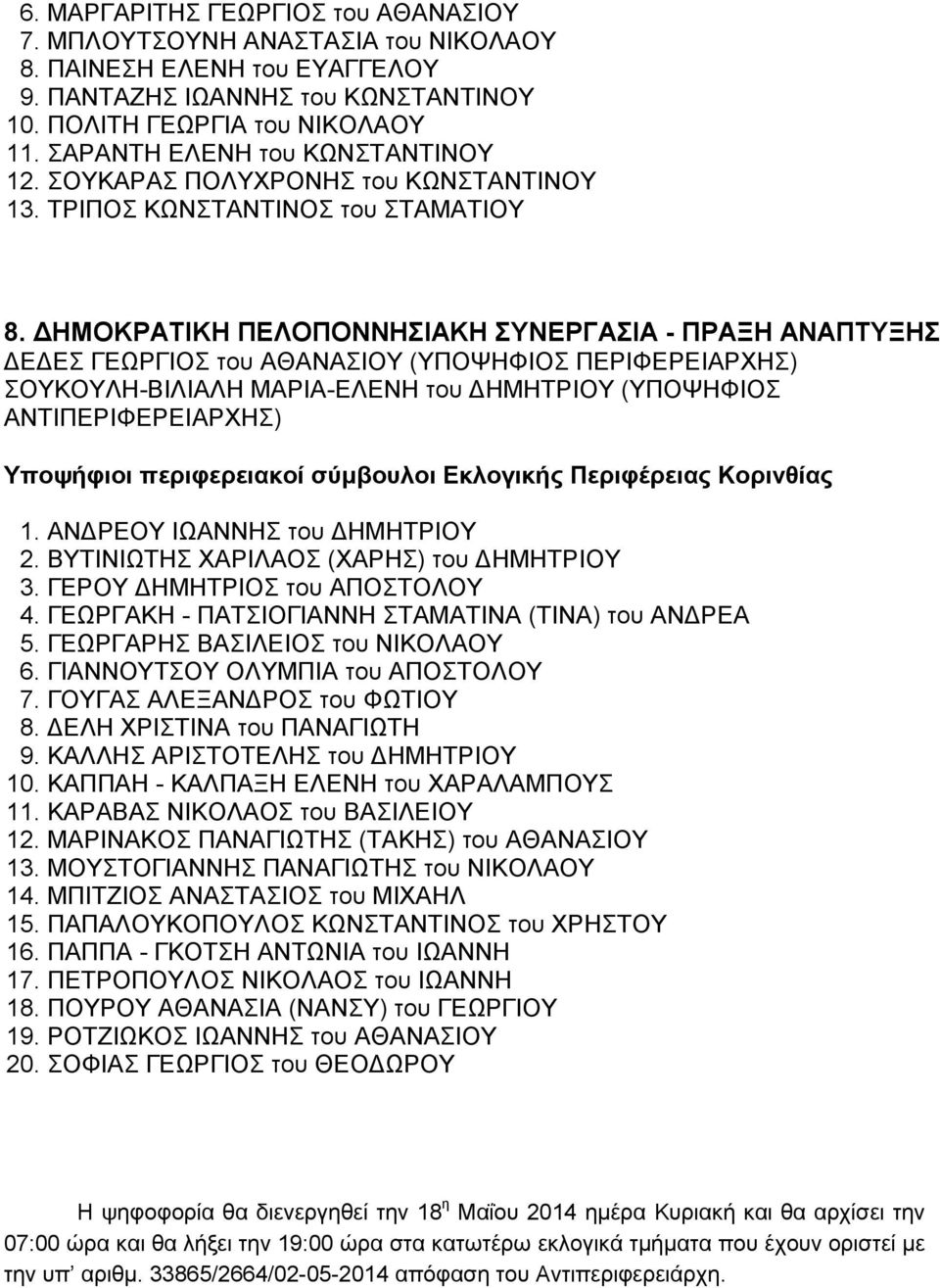 ΔΗΜΟΚΡΑΤΙΚΗ ΠΕΛΟΠΟΝΝΗΣΙΑΚΗ ΣΥΝΕΡΓΑΣΙΑ - ΠΡΑΞΗ ΑΝΑΠΤΥΞΗΣ ΔΕΔΕΣ ΓΕΩΡΓΙΟΣ του ΑΘΑΝΑΣΙΟΥ (ΥΠΟΨΗΦΙΟΣ ΠΕΡΙΦΕΡΕΙΑΡΧΗΣ) ΣΟΥΚΟΥΛΗ-ΒΙΛΙΑΛΗ ΜΑΡΙΑ-ΕΛΕΝΗ του ΔΗΜΗΤΡΙΟΥ (ΥΠΟΨΗΦΙΟΣ ΑΝΤΙΠΕΡΙΦΕΡΕΙΑΡΧΗΣ) 1.